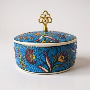 Vibrant Blue Floral Ceramic Box with Gold Accent